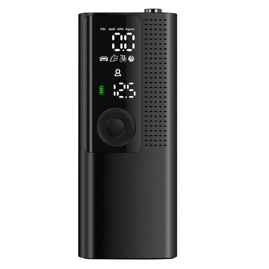 A slim rectangular black tire inflator standing upright with a clear segmented display