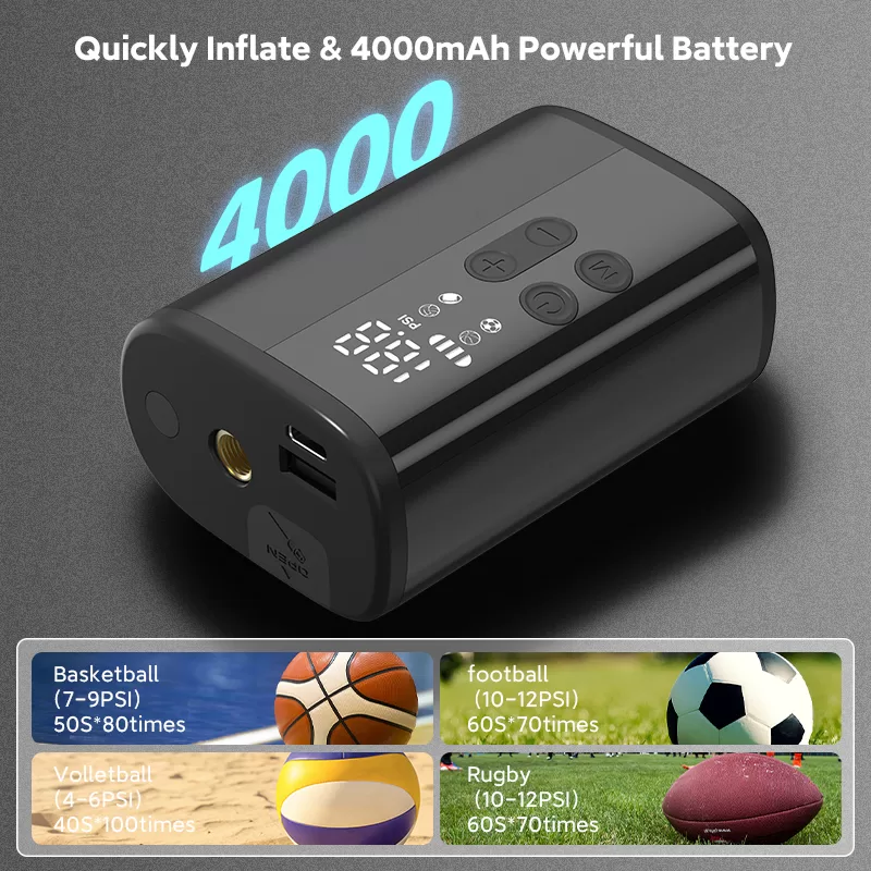 Multi-panel view of the P101 with LED screen, sports balls, and USB charging cable