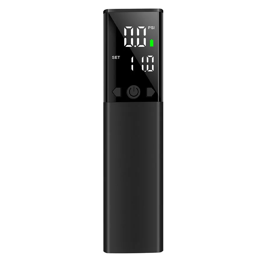 Straight-on front product shot showing a tall, slim black cylindrical pump