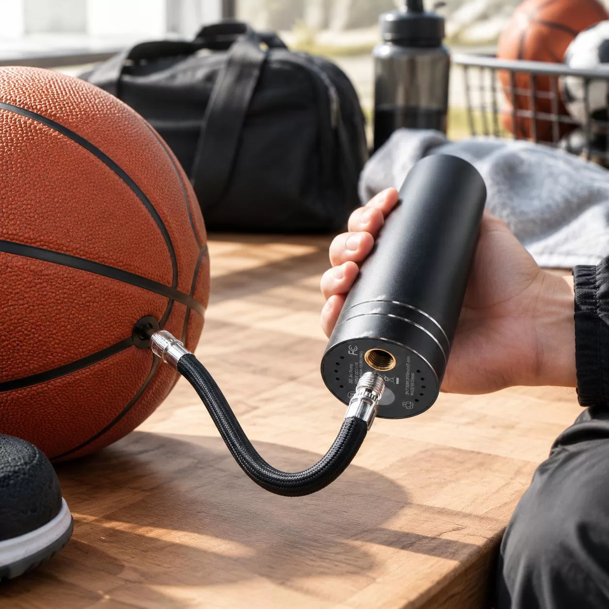 Top-down close-up of the pump control end showing basketball, rugby, football, baseball, and volleyball modes with a 7-12 PSI scale