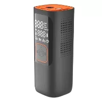 Front three-quarter product view of a compact upright electric air pump