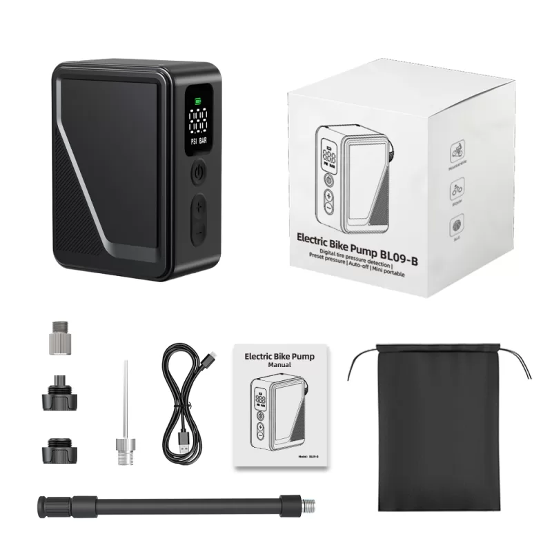 BL09 mini electric bike pump with hose, adapters, charging cable, manual and pouch