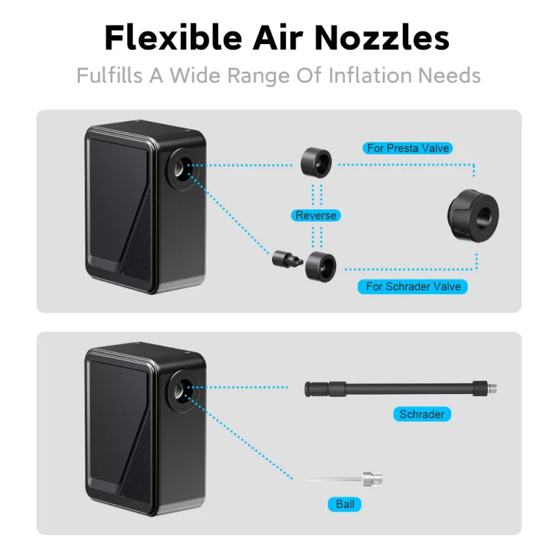 BL09 nozzle options for Presta valve, Schrader valve and ball inflation