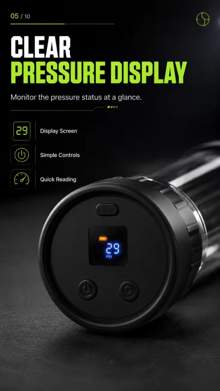 Close-up of the tennis ball pressure can digital PSI readout and controls