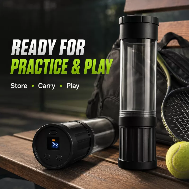 NEWO tennis ball pressure can with racket and tennis bag near a court