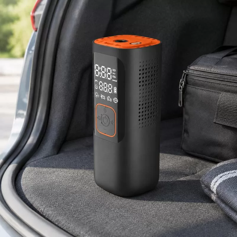 Compact cordless tire inflator with LCD display and control panel