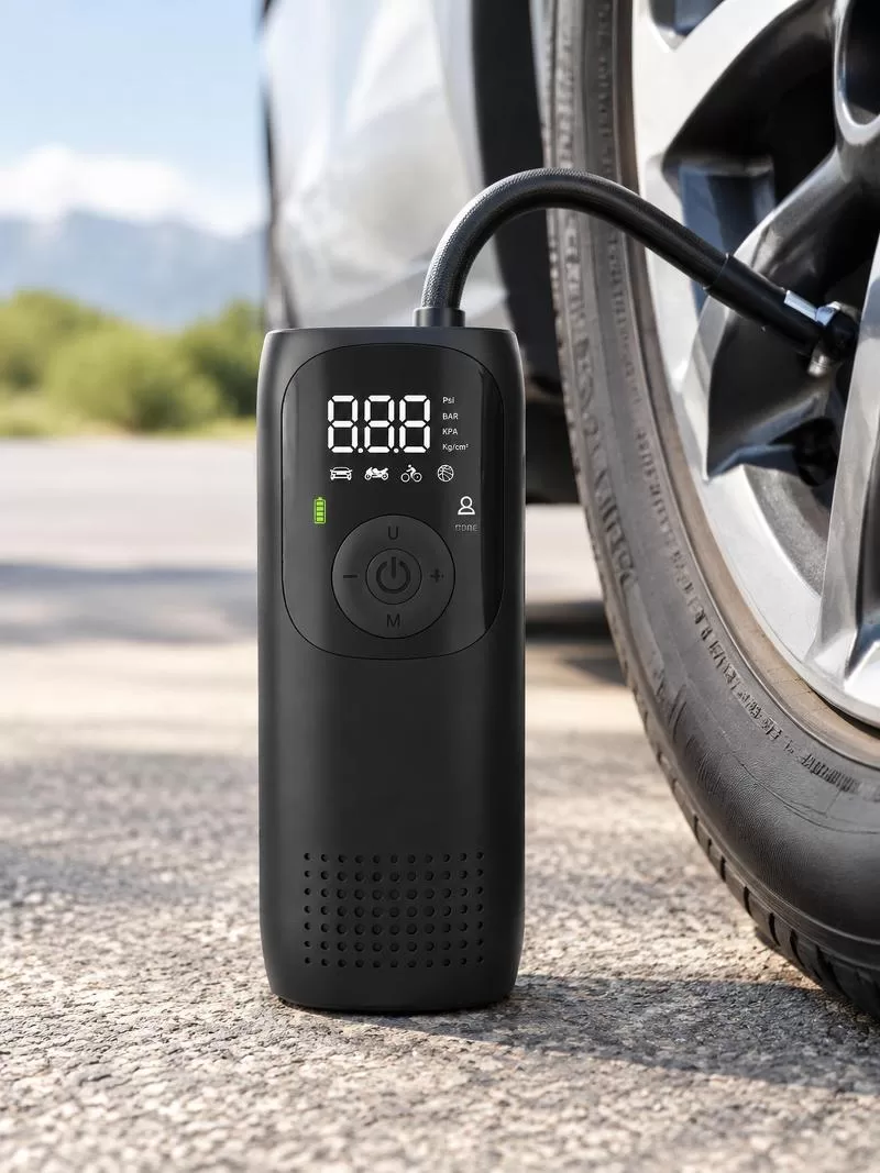 Tire inflator with LCD screen and attached hose with adapters