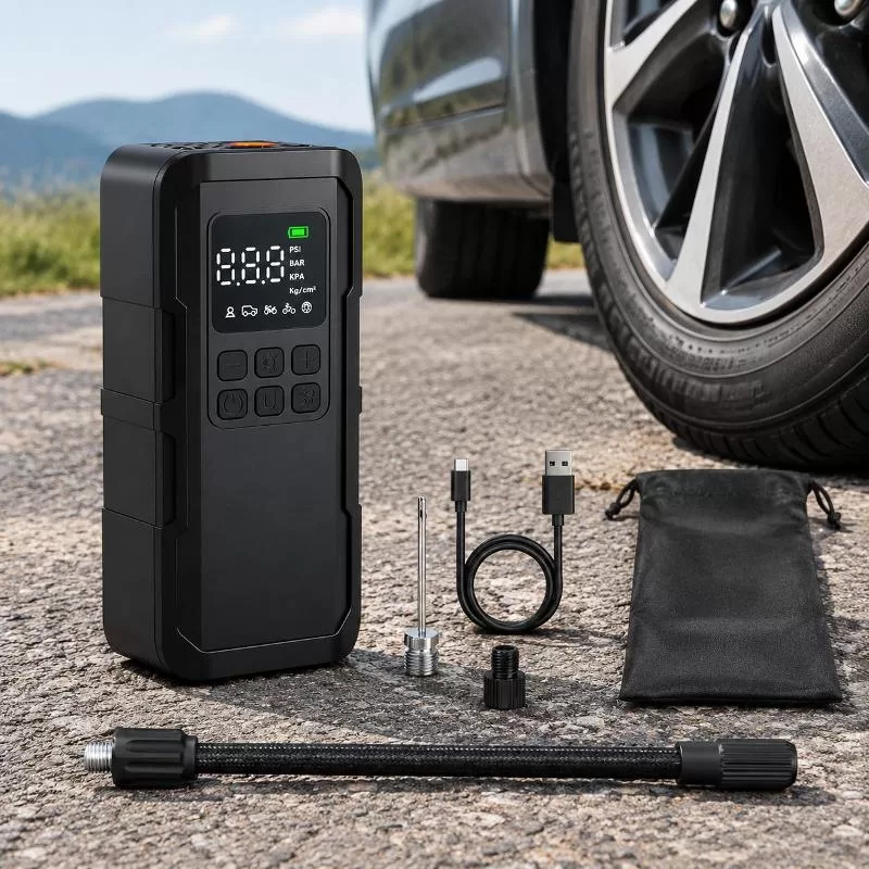 LP6 portable battery tire inflator being used on a car wheel