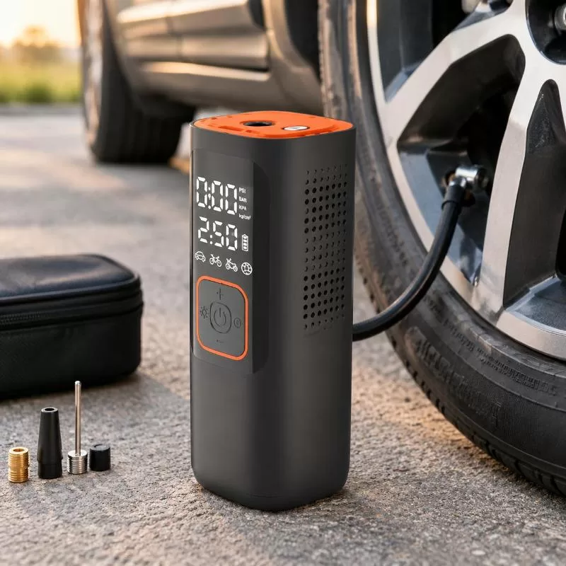 Front view of the compact black portable car tire inflator with LED display