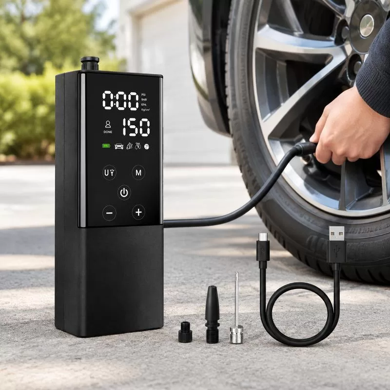 Smart Tire Inflator GP2 with integrated hose storage and touch-screen interface