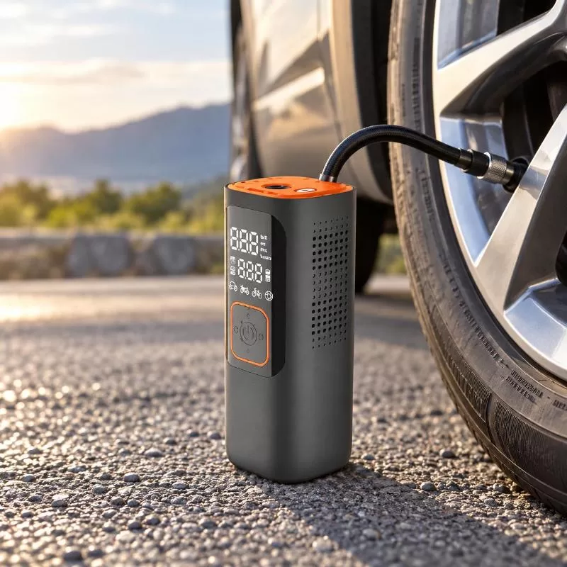 Front three-quarter view of the LP8 portable tire inflator showing its digital display and control panel