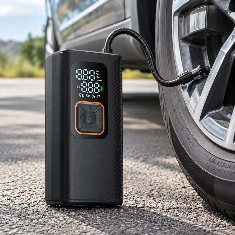 Front view of the A01 portable air pump showing its display and preset mode controls