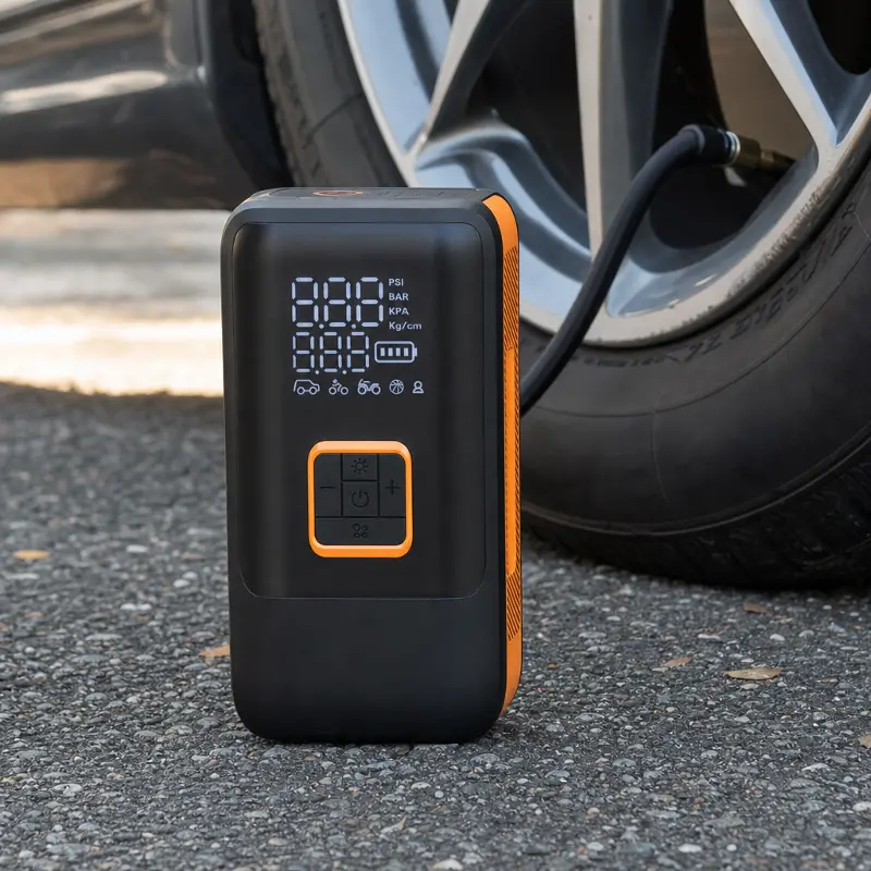 Dual LED display showing pressure readout and mode icons on a portable inflator