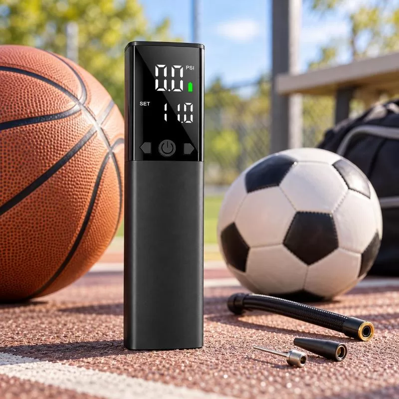 Front control panel and slim aluminum body of an electric sports ball pump