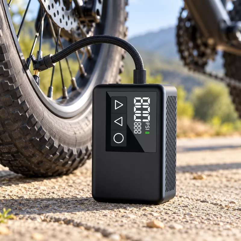 Compact electric bicycle tire pump with digital display and control panel