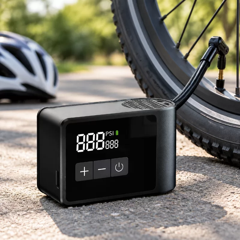 Compact mini electric bike pump front view with digital display