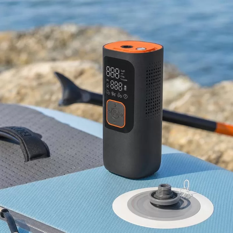 Compact electric SUP pump with orange accent panel on white background