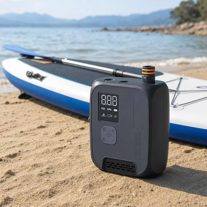 NW02 electric pump shown with lifestyle scenes of paddle boarding, camping tent, and swim ring use
