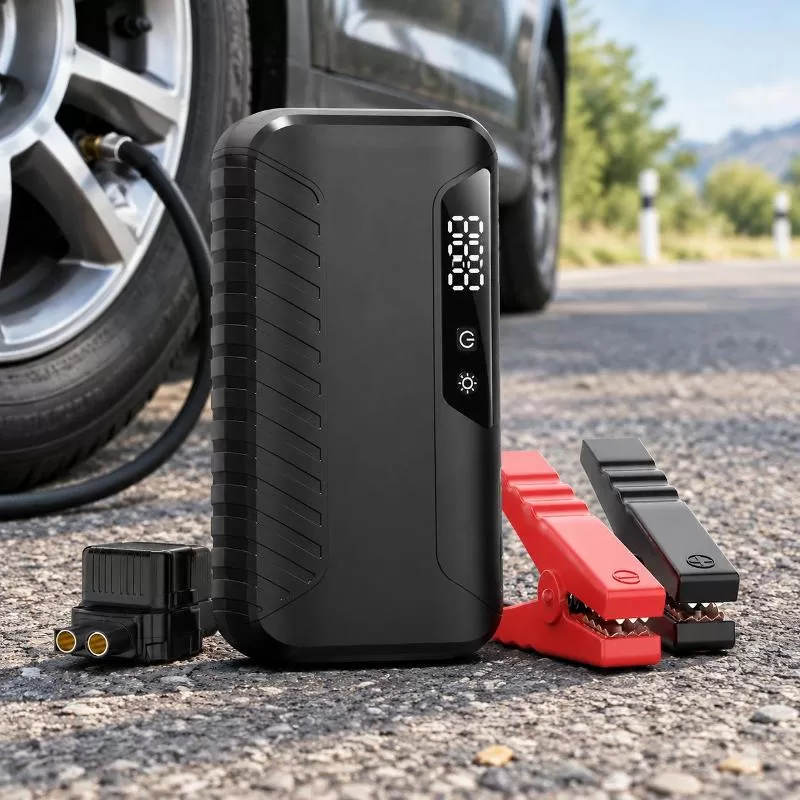 Portable jump starter and tire inflator front view showing LED display, pressure indicators, and control buttons