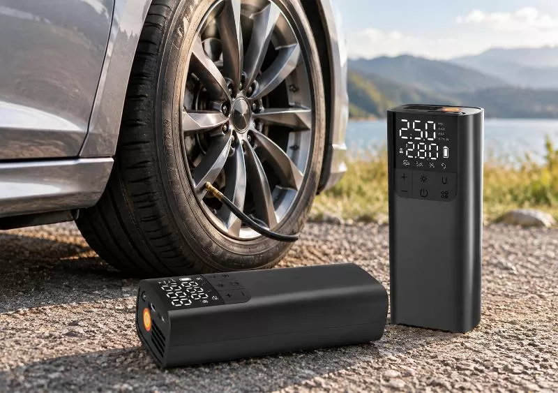 Front view of the LP5 portable tire inflator showing its digital display and control panel
