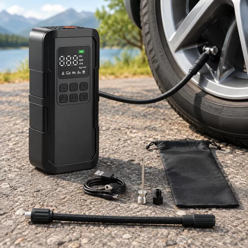 LP6 portable tire inflator in use near a car wheel