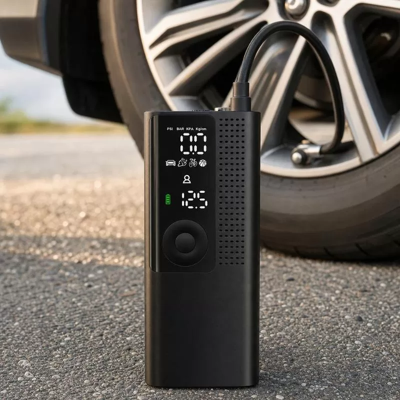 Front view of a compact black portable tire inflator with LED display showing pressure digits and vehicle icons