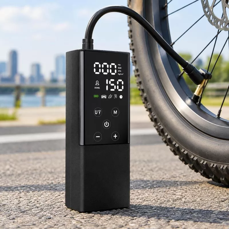 Compact electric tire inflator with LCD display and digital controls