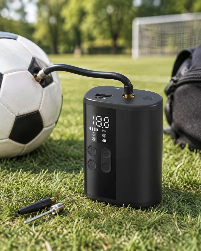 Compact rechargeable ball pump held in hand with LED display