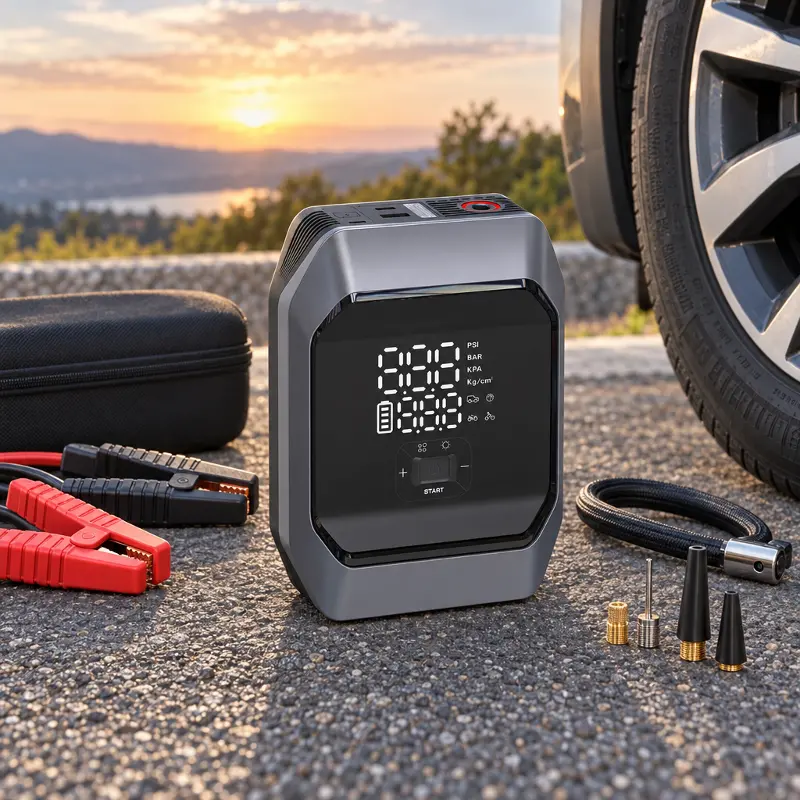 Dual-function jump starter and air compressor Dark charcoal-gray rectangular jump starter and tire inflator with digital display