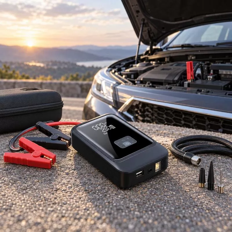 Engine bay battery jump starting connection Handheld jump starter connected to vehicle battery terminals in engine compartment