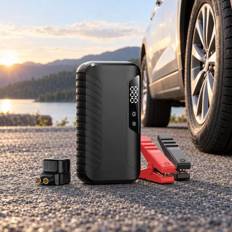 Jump starter unit with battery clamp assembly Black rectangular jump starter with heavy-duty battery clamps and cables
