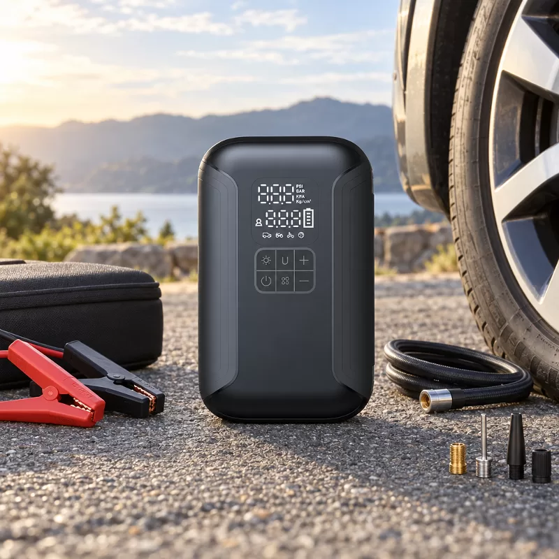Roadside tire inflator and jump starter setup Portable jump starter and air compressor positioned beside a vehicle alloy wheel and tire