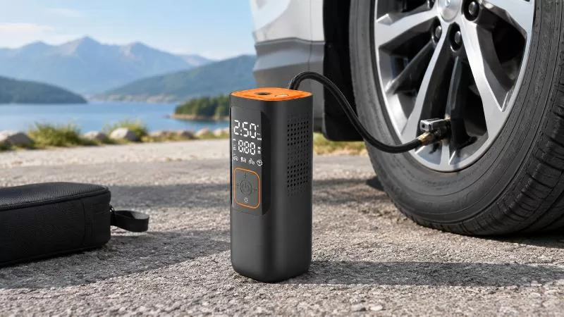 Compact cylindrical portable air pump Front product view of a compact black cylindrical air pump with an orange top panel and ventilation perforations