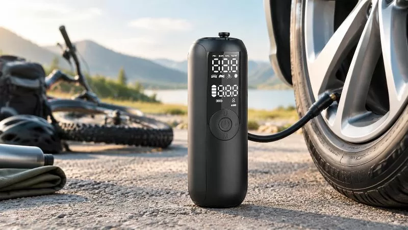 Tall compact inflator with high-contrast screen Front-facing view of a tall rounded black portable inflator with segmented LED display and mode icons
