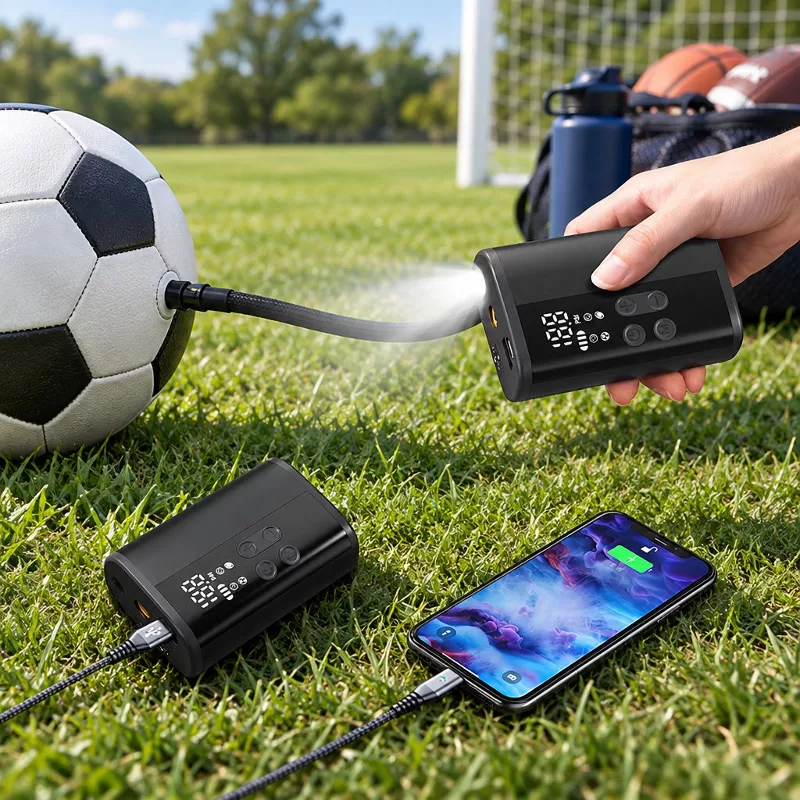 Compact P101 Portable Electric Ball Pump Compact black P101 battery-powered ball pump lying diagonally on a gray background with 4000mAh battery callout and ball mode graphics