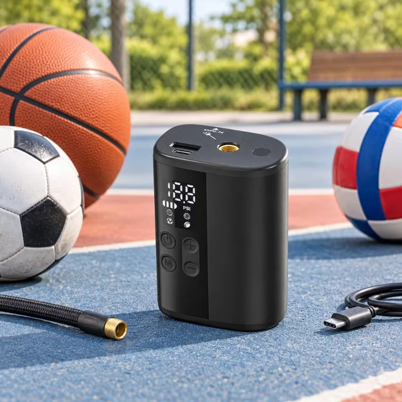 P101 Built-In Light and Smartphone Power-Bank Output Composite view of the black P101 ball pump projecting a built-in light beam in hand and charging a smartphone on a tabletop