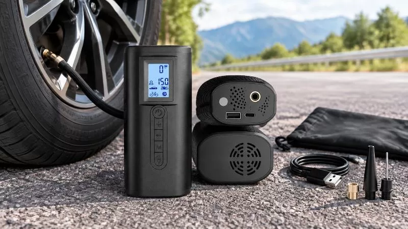 Versatile Pneumatic Application Scenarios in Field Environments Four distinct lifestyle contexts showing car, motorcycle, bike, and ball inflation
