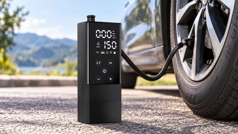 Digital LCD Pressure Gauge Display Straight-on studio front view of a tall rounded-rectangle black inflator with LCD display