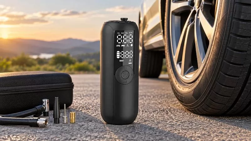 Handheld Cordless Inflator Interface Centered front studio view of a slim black handheld tire inflator on a white background