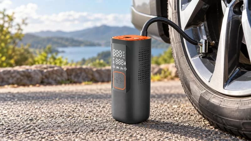 Dual Cylinder Portable Air Pump Front View Front view of the black dual cylinder electric air pump with orange accent trim