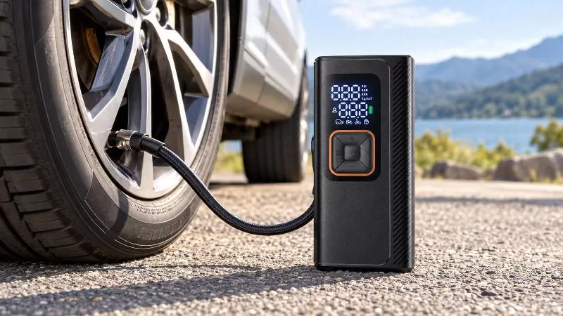 Portable Tire Pump Accessories and Adapters Included accessories including braided hose, charging cable, and valve adapters