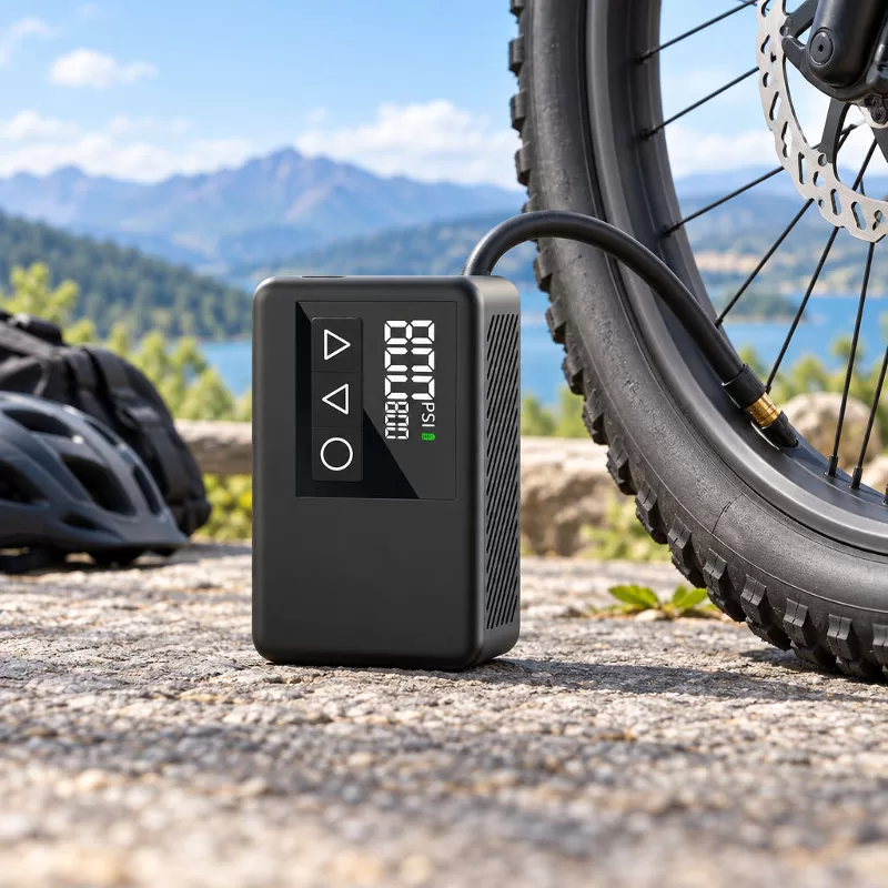 Compact Black Rectangular Electric Bicycle Tire Pump Front three-quarter studio view of a compact black rectangular electric bicycle tire pump with digital display and side ventilation slots