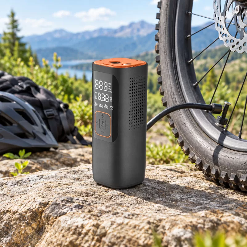 Compact Cylindrical Electric Air Pump Front three-quarter view of a compact cylindrical dark gray electric inflator with an orange top cap and vertical digital control panel