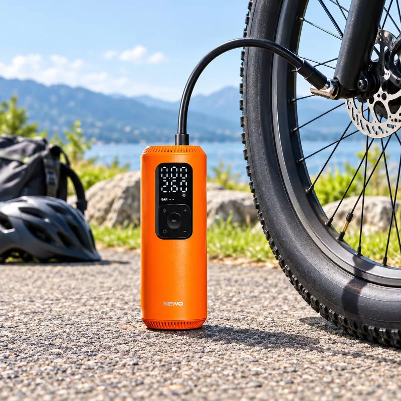 Cylindrical Orange Electric Tire Inflator with Hose Straight-on front view of a tall cylindrical orange electric inflator with top flexible hose and digital control panel