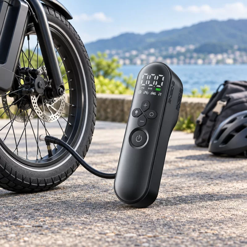 Hand-Held Mini Electric Bicycle Tire Pump Close-up hand-held view of a small black rectangular electric bicycle tire pump showing front digital PSI display and control buttons