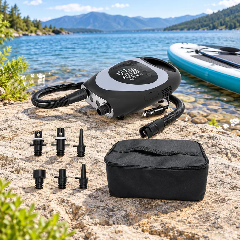 Multi-Scenario Inflation Applications for SUP Boards and Camping Gear Six-panel application grid showing compatible inflation scenarios including SUP, inflatable tents, inflatable pool, kayak, swimming ring, and yoga balls