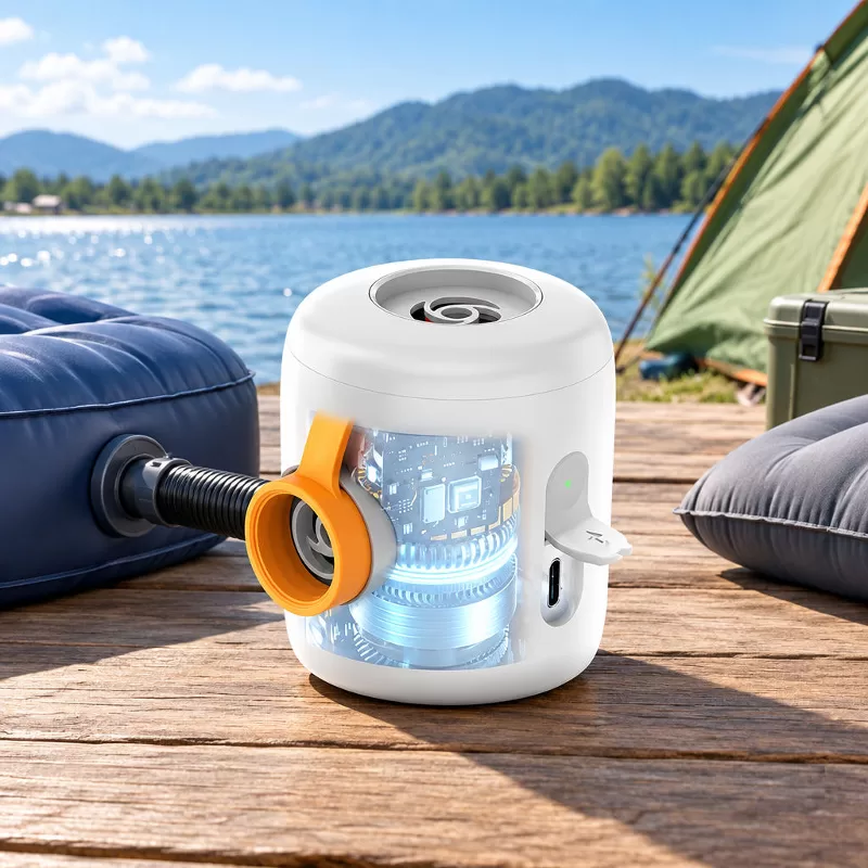 AP5 Complete Packing List and Nozzle Kit Packing list infographic showing a black drawstring storage pouch, white portable air pump, gray and white nozzle adapters, and USB charging cable