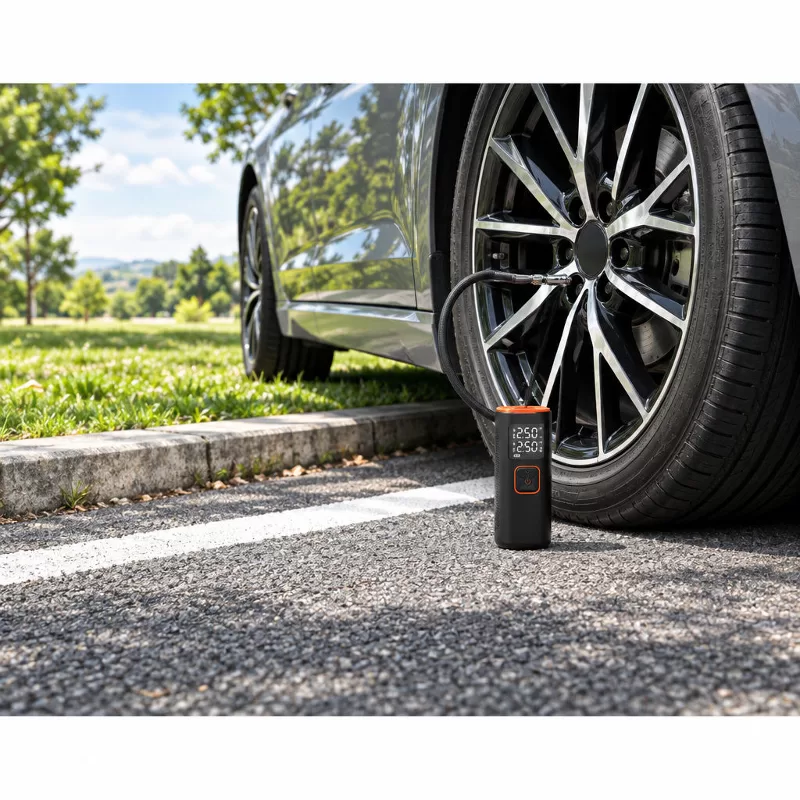 Dual View of AP5 Air Outlet and Controls Top-down angled product composition showing two views of a white portable air pump with orange carrying straps and circular air outlet