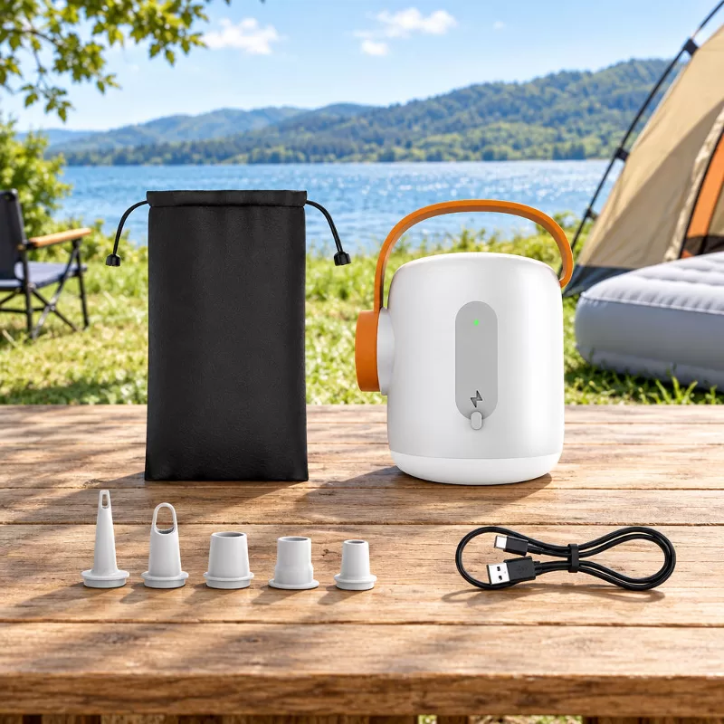 High Volume Electric Air Pump AP5 Front three-quarter product view of a small white rounded portable air pump with an orange loop handle and orange-rimmed cylindrical outlet