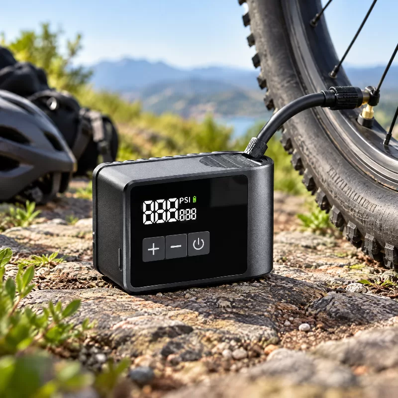 Compact mini bicycle pump Front view of a compact black mini bicycle pump with digital display and multi-function controls